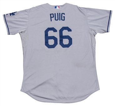 2013 Yasiel Puig Rookie Year Game Used Los Angeles Dodgers Road Jersey Used On 7/24/13 For Career Home Run #9 (MLB Authenticated)